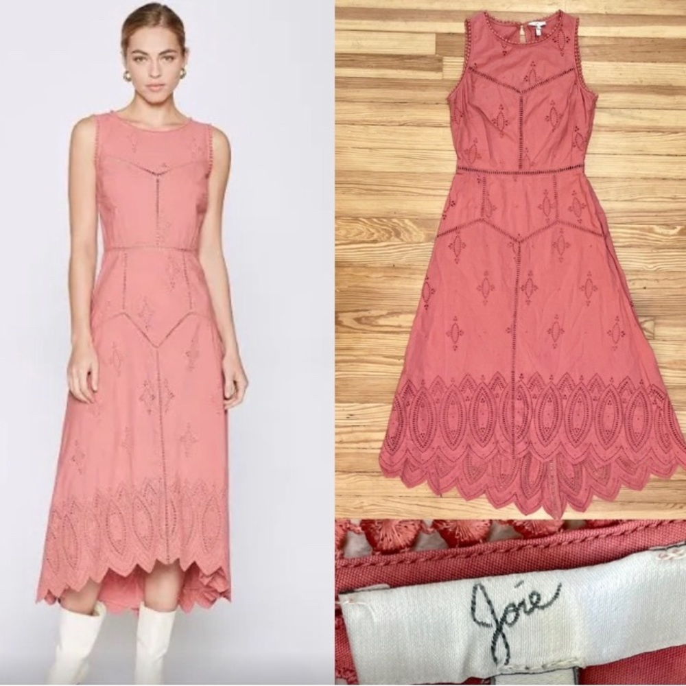 Joie - Southwest Embroidered Eyelet Scalloped Salmon Pink Sundress